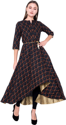 God Bless Women Printed Flared Kurta(Black)