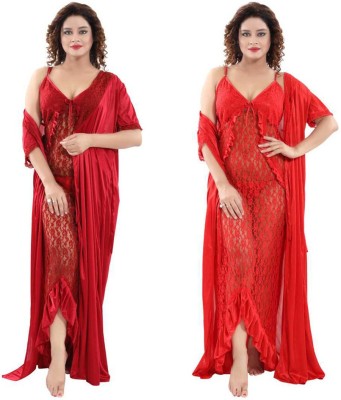 KAVANNG Women Nighty with Robe(Maroon)