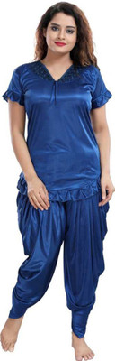 Swastik Women Solid Blue Top & Pyjama Set