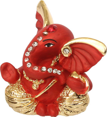 eCraftIndia Gold Plated Red Mini Kaan Ganesha Decorative for Home/Temple/Office/Car Dashboard Decorative Showpiece  -  5 cm(Polyresin, Red, Gold)
