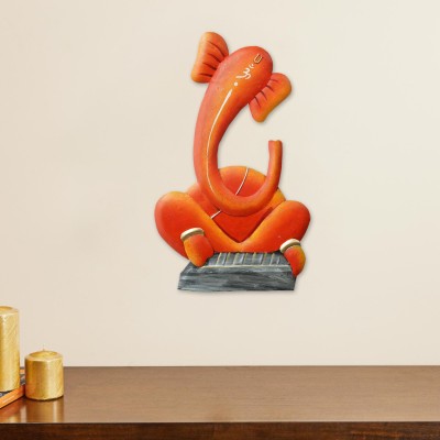 eCraftIndia Musician Lord Ganesha playing Tabla Handcrafted Iron Wall Hanging Decorative Showpiece  -  35 cm(Iron, Orange, Black)
