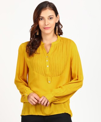 MS TAKEN Casual Cuffed Sleeve Solid Women Yellow Top