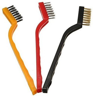 KitchenFest Set Of 3 Different Material Multipurpose Cleaning Brush Set with Hard Bristles Firm Handle Grip for Scrubbing Removing Rust from Gas Wall Frames Car Kitchen Stove Etc Kitchen Tool (Stainles Steel Brush + Brass Brush + Nylon Brush) Handle Scratch Brush(Pack of 3)