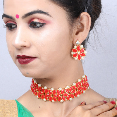 NM CREATION Alloy Gold-plated Red Jewellery Set(Pack of 1)
