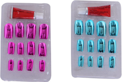 Beautica Fringed IRIS Colorful Shiny Artificial Nails Dark Pink, Blue(Pack of 12)