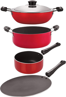 NIRLON Non-Stick Aluminium Heat Resistance Cookware 4 Pieces Set with Bakelite Handle (CT12_DKD(M)_SP(B)_CS24 Non-Stick Coated Cookware Set(PTFE (Non-stick), Aluminium, 4 - Piece)