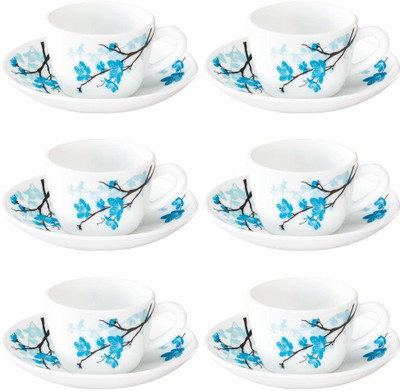 Larah by Borosil Pack of 12 Opalware Mimosa 6 pcs cup saucer Set {Cup 140ml (6 pcs) || Saucer 135mm (6 pcs)}(Blue, White, Cup and Saucer Set)