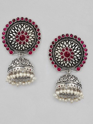RUBANS Rubans Silver Plated Oxidised Handcrafted Pink Stone Jhumka Earrings Brass Jhumki Earring