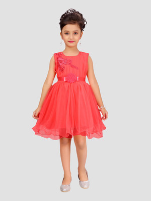 3SIX5 Girls Midi/Knee Length Casual Dress(Red, Sleeveless)