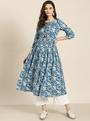 Shae by SASSAFRAS Women Floral Print Flared Kurta(White, Blue)