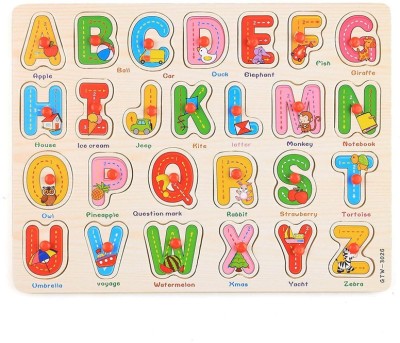 poksi  Capital Letters ABCD English Alphabets Wooden Puzzle Board for Kids with Knobs & Pictures, Colorful Early Learning & Educational Toys for Kindergarten & Pre-School Toddlers(Multicolor)