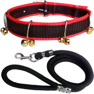 ADIOS Dog Belt Combo of Red Black Ghungroo Collar with Black Lead 1.5m Lengthy Dog Collar & Leash(Medium, Multi-Color8)
