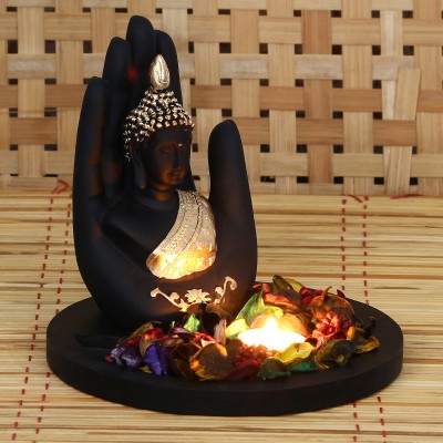 eCraftIndia Golden Handcrafted Palm Buddha Decorative with Wooden Base, Fragranced Petals and Tealight Decorative Showpiece  -  17.5 cm(Polyresin, Gold, Black)