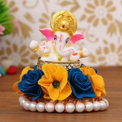 eCraftIndia Lord Ganesha Idol on Decorative Handcrafted Plate with Yellow and Blue Flowers Decorative Showpiece  -  10 cm(Metal, Polyresin, Blue, Yellow)
