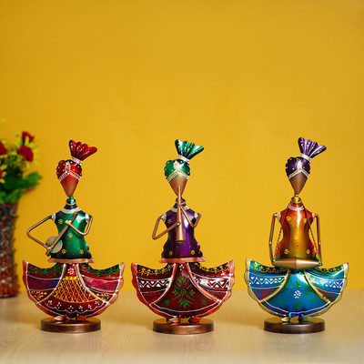 eCraftIndia Set of 3 Tribal Ladies Playing Different Musical Instruments Decorative Decorative Showpiece  -  32.5 cm(Iron, Multicolor)