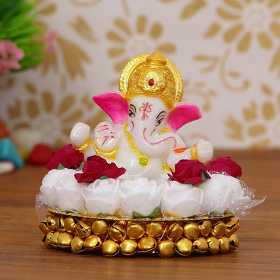 eCraftIndia Lord Ganesha Idol on Decorative Handcrafted Plate with White Flowers Decorative Showpiece  -  8 cm(Metal, Polyresin, White)
