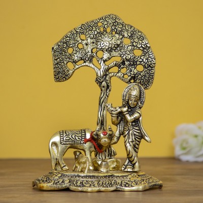 H'Decor Lord Krishna playing Flute under Tree with Golden Cow and Calf Decorative Showpiece  -  16.5 cm(Aluminium, Gold)