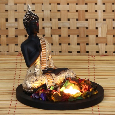 eCraftIndia Golden Meditating Buddha Decorative with Wooden Base, Fragranced Petals and Tealight Decorative Showpiece  -  19 cm(Polyresin, Black, Gold)