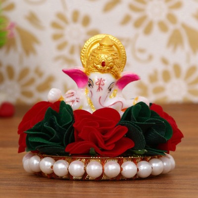 eCraftIndia Lord Ganesha Idol on Decorative Handcrafted Plate with Colorful Flowers Decorative Showpiece  -  8 cm(Metal, Polyresin, Purple, Red)