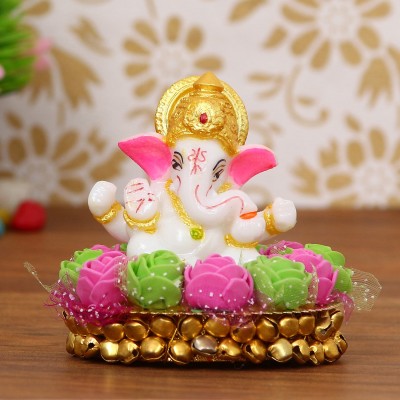 eCraftIndia Lord Ganesha Idol on Decorative Handcrafted Plate with Pink and Green Flowers Decorative Showpiece  -  8 cm(Metal, Polyresin, Green, Pink, White)