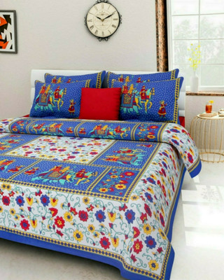 tripati sanganeri prints 144 TC Cotton Double Jaipuri Prints Flat Bedsheet(Pack of 1, Blue)