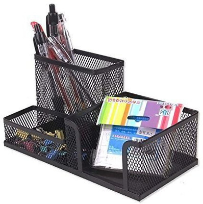 Dhuli 3 Compartments Metal Pen Stand(Black)