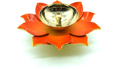 Puja N Pujari Brass Lotus Kamal Patti Diya for Diwali Decorations and Return Gifts Set of 2 (Orange) Brass (Pack of 2) Table Diya Set(Height: 2 inch)