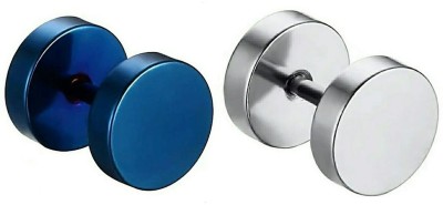 Crazy Fashion Combo of Blue & Silver Dumbell Shaped Metal Earings 1 Pcs each of 2 color for Men/Boys/Girls/Women/Unisex (2 Pcs) Metal Stud Earring