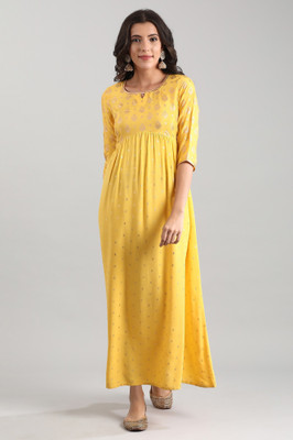 Aurelia Women Printed Flared Kurta(Yellow)