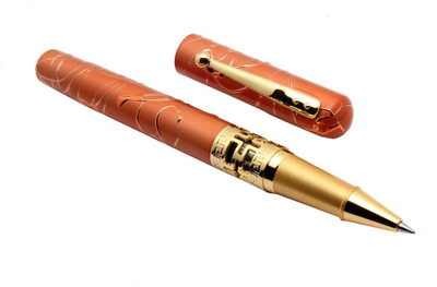 Ledos Dikawen Insight Unique Embossed Designer Body Saffron Orange & Gold Roller Ball Pen(Ink Color - Blue)