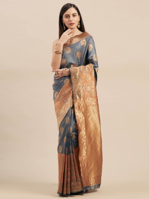 Aksharam Woven Banarasi Silk Blend Saree(Gold, Grey)