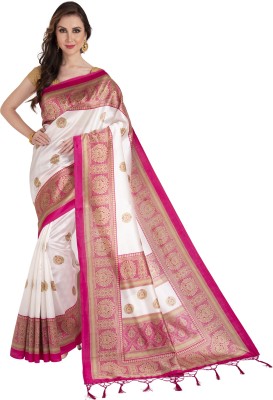 VCREATION Woven Kanjivaram Art Silk Saree(White, Pink)