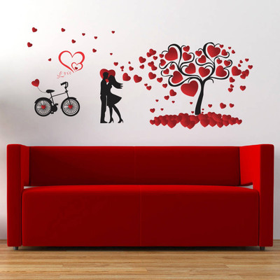 VCREATE DECOR 58 cm Heart tree with cuples Removable Sticker(Pack of 1)