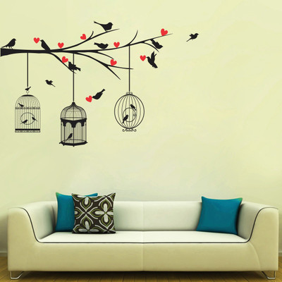 VCREATE DECOR 58 cm Tree with cage birds Removable Sticker(Pack of 1)