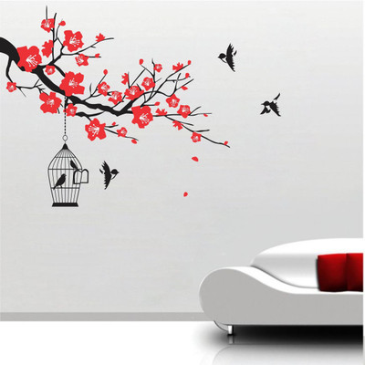 VCREATE DECOR 58 cm Tree with cage birds Removable Sticker(Pack of 1)