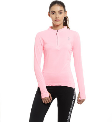 CAMPUS SUTRA Solid Women Mandarin Collar Pink T-Shirt