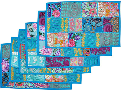 Lal Haveli Rectangular Pack of 6 Table Placemat(Light Blue, Cotton)
