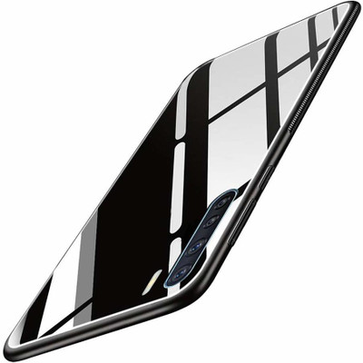 MOBILOVE Back Cover for Oppo F15 | Luxury Toughened Glass Cover With Shockproof Soft Silicone Side Case(Black, Hard Case, Pack of: 1)