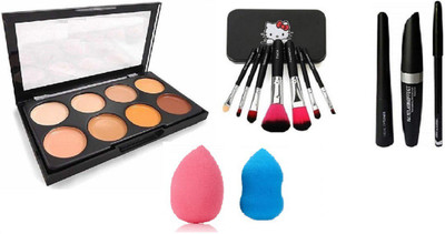 angelie Highlighter and Contour 8 Shades Concealer Palette With Eyeliner, Eye Brow Pencil, Mascara And H Black And 2 Pcs Puff(4 Items in the set)