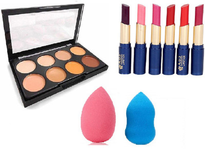 angelie Cinema water Proof lipstick with 3D Effect Pack Of 6+Highlighter and Contour 8 Shades Concealer Palette And 2 Pcs puff(3 Items in the set)