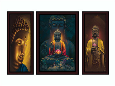 saf Acrylic Glass Set of 3 Large Royal Cherry Premium Framed Buddha Acrylic 19 inch x 28.5 inch Painting(With Frame, Pack of 3)