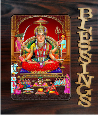 Poster N Frames Decorative Blessings Hand Crafted Wooden table with photo of Maa Santoshi 22507 Religious Frame