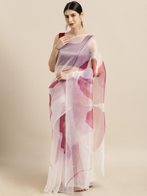Tikhi Imli Floral Print Bollywood Tissue Saree(White)