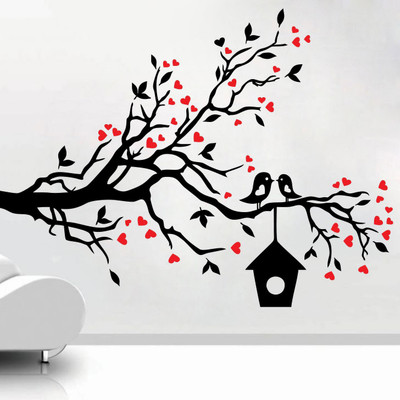 SUDARSHAN DESIGNS 53 cm Loving Sparrows with a Bird House Wall Decal Self Adhesive Sticker(Pack of 1)