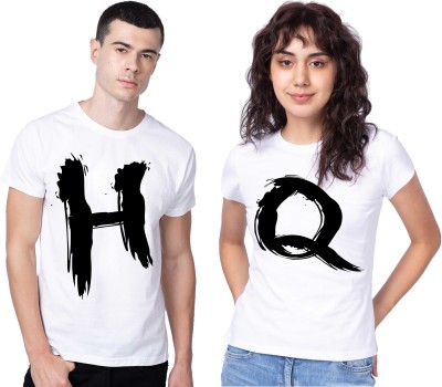 KEOTI Printed Couple Round Neck White T-Shirt