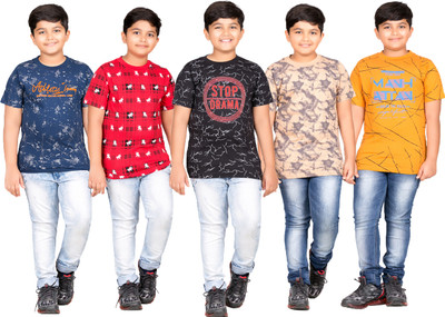 Jingo Boys Printed Cotton Blend Regular T Shirt(Multicolor, Pack of 5)