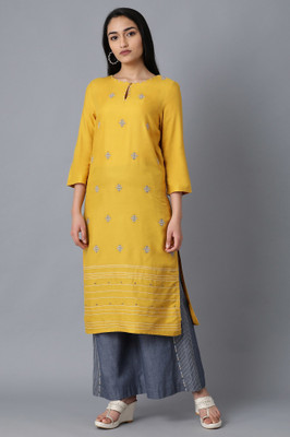 W Women Geometric Print Straight Kurta(Yellow)