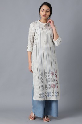 W Women Striped Straight Kurta(Beige)