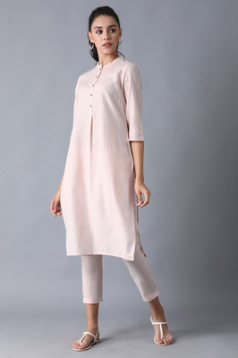 W Women Striped Straight Kurta(Pink)