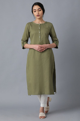 W Women Solid Straight Kurta(Green)